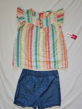 NWT Penelope Mack Girls Rainbow Striped Flutter Sleeve Top & Denim Shorts Set 10